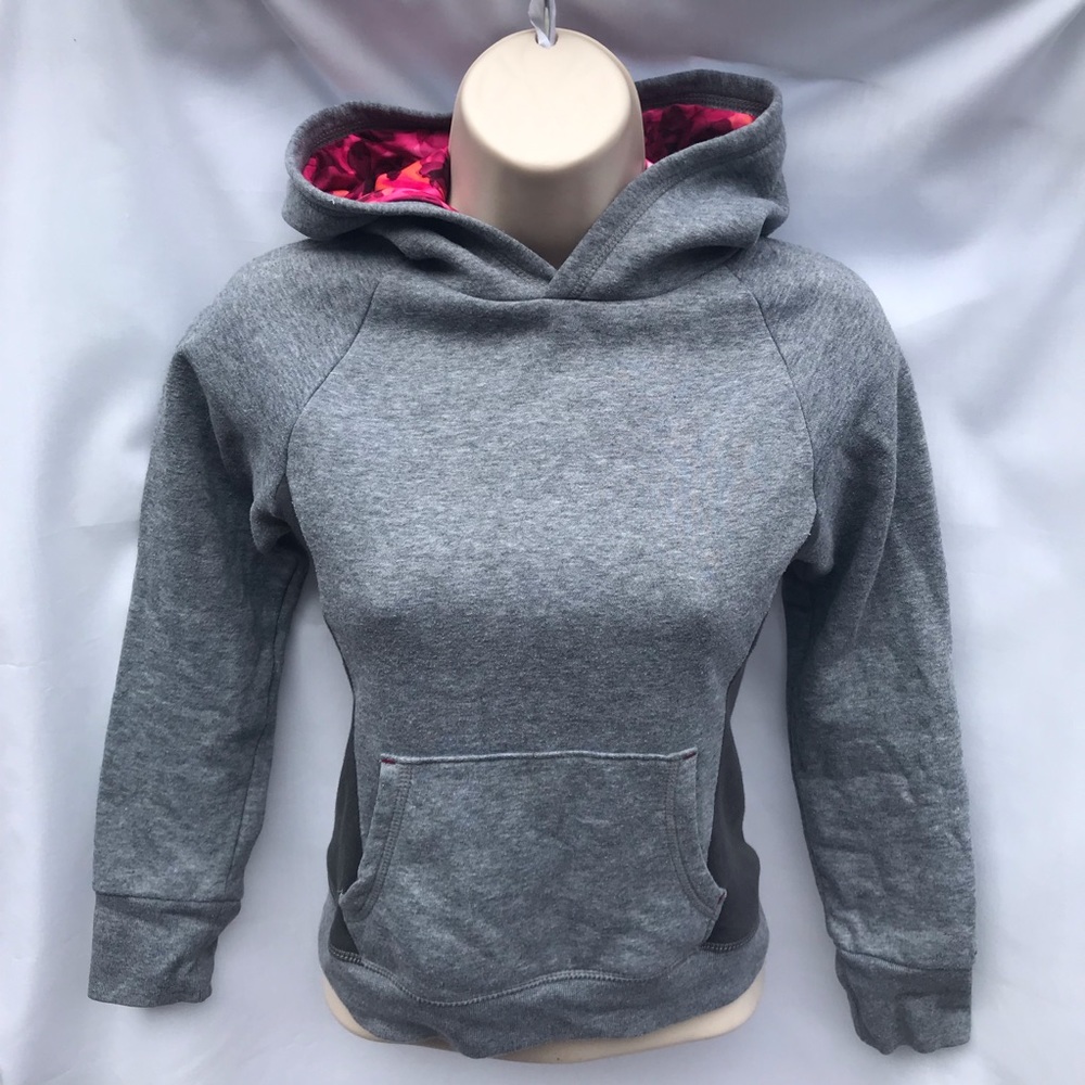 Gray Champion Hoodie with Pink Camo Inside Hood